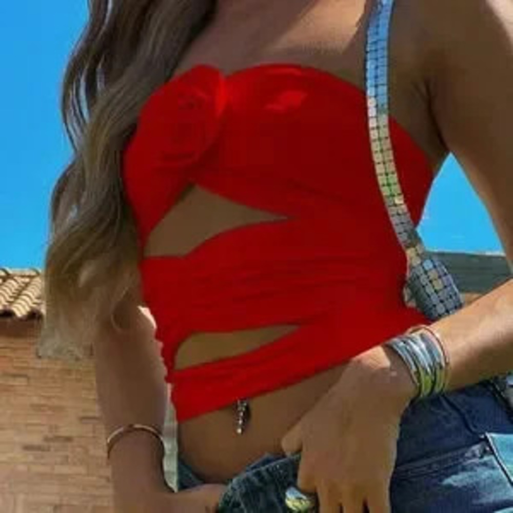 Red Sexy Women's Summer Solid Color Hollowed-Out Strapless Top